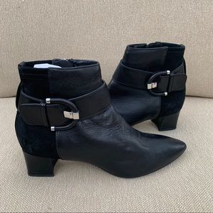 Aquatalia Black Buckle Pointed Toe Leather Booties